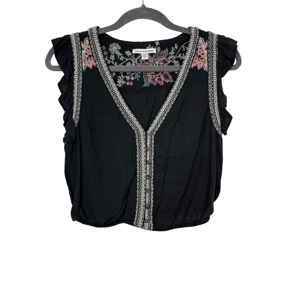 American Eagle Black Floral Embroidered Flutter Sleeve Top Sz M N